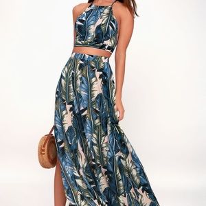 Teal Blue Leaf Print Two-Piece Maxi Dress